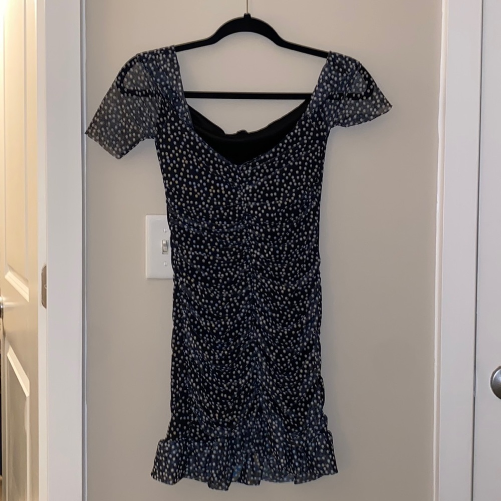 PLT Black polka dot mesh ruched frill hem bodycon dress